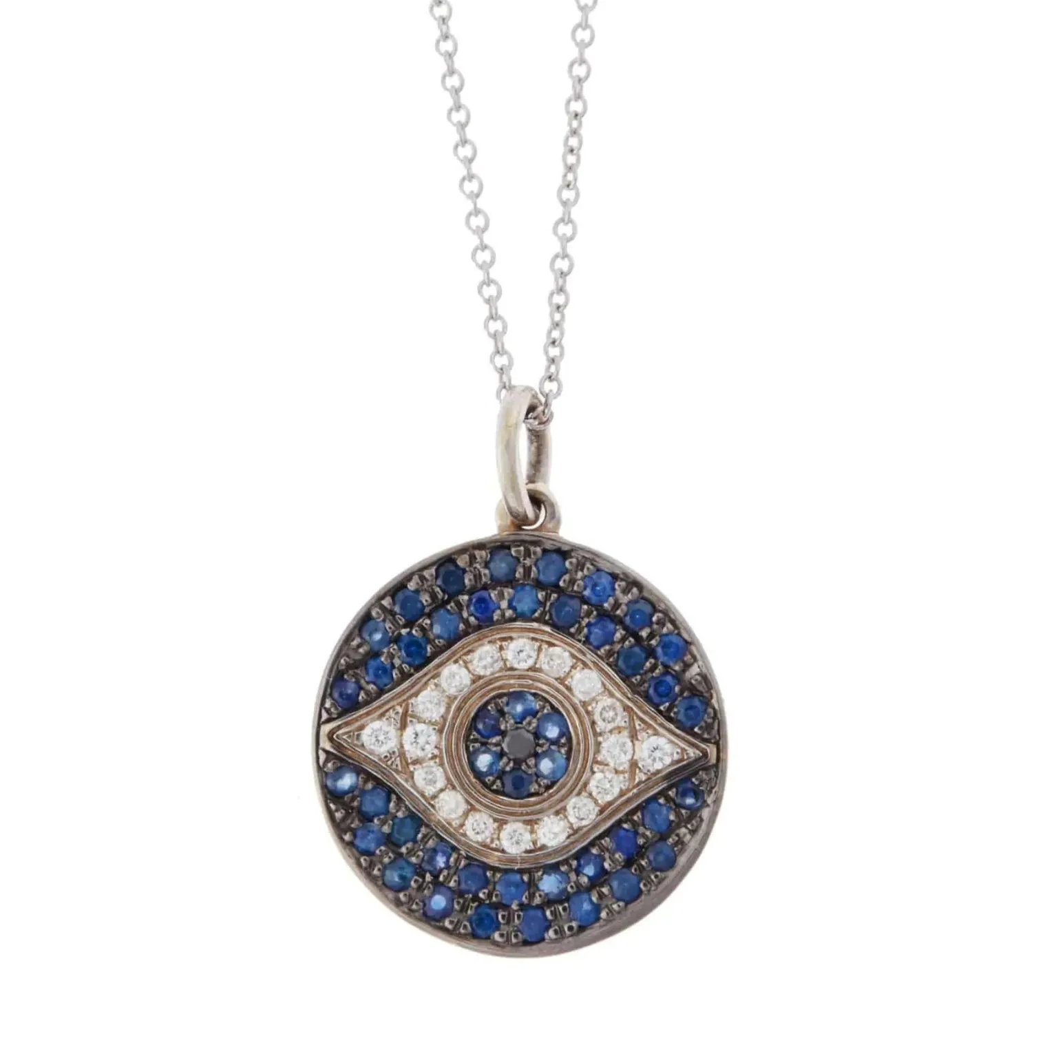 Blue Sapphire Little Dawn Eye Pendant in Blackened White Gold