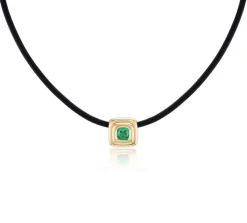 Cushion Cut Emerald Ripple Choker in Black Leather and Yellow Gold