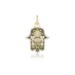 Green Enamel Hamsa Pendant in Yellow Gold
