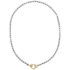Oxidized Silver Chain with Small Pavé Diamond Lock in Yellow Gold