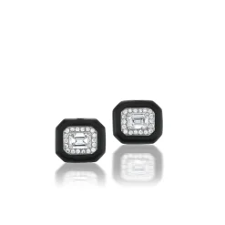 Pavé White Diamond and Enamel Oui Stud Earrings in White Gold