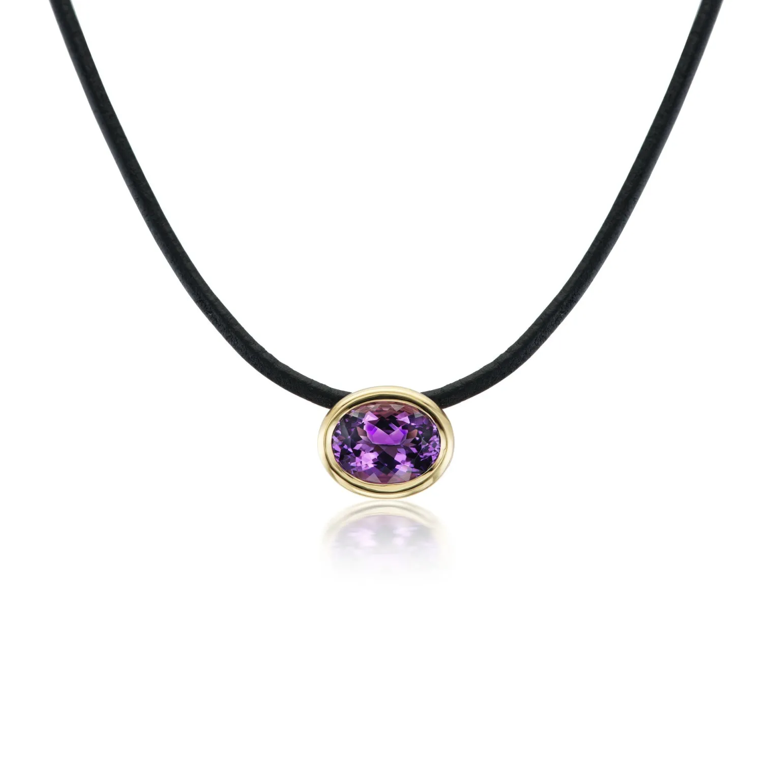 Purple Amethyst Scuba Choker in Black Leather and Yellow Gold