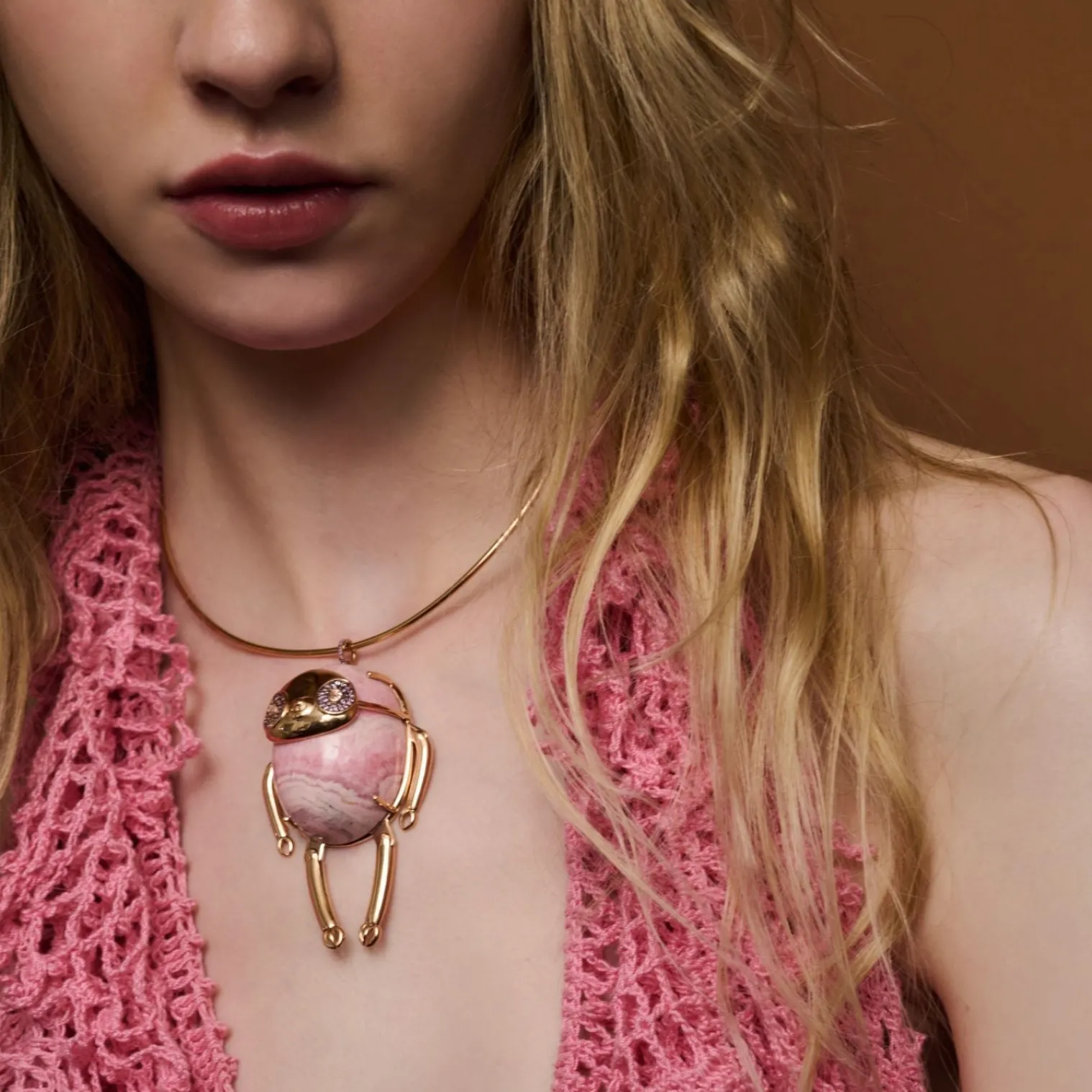 Rhodochrosite and Pink Sapphire Sloth Necklace in Rose Gold