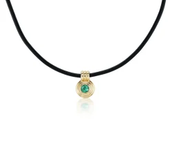 Round Cut Emerald Ripple Choker in Black Leather and Yellow Gold