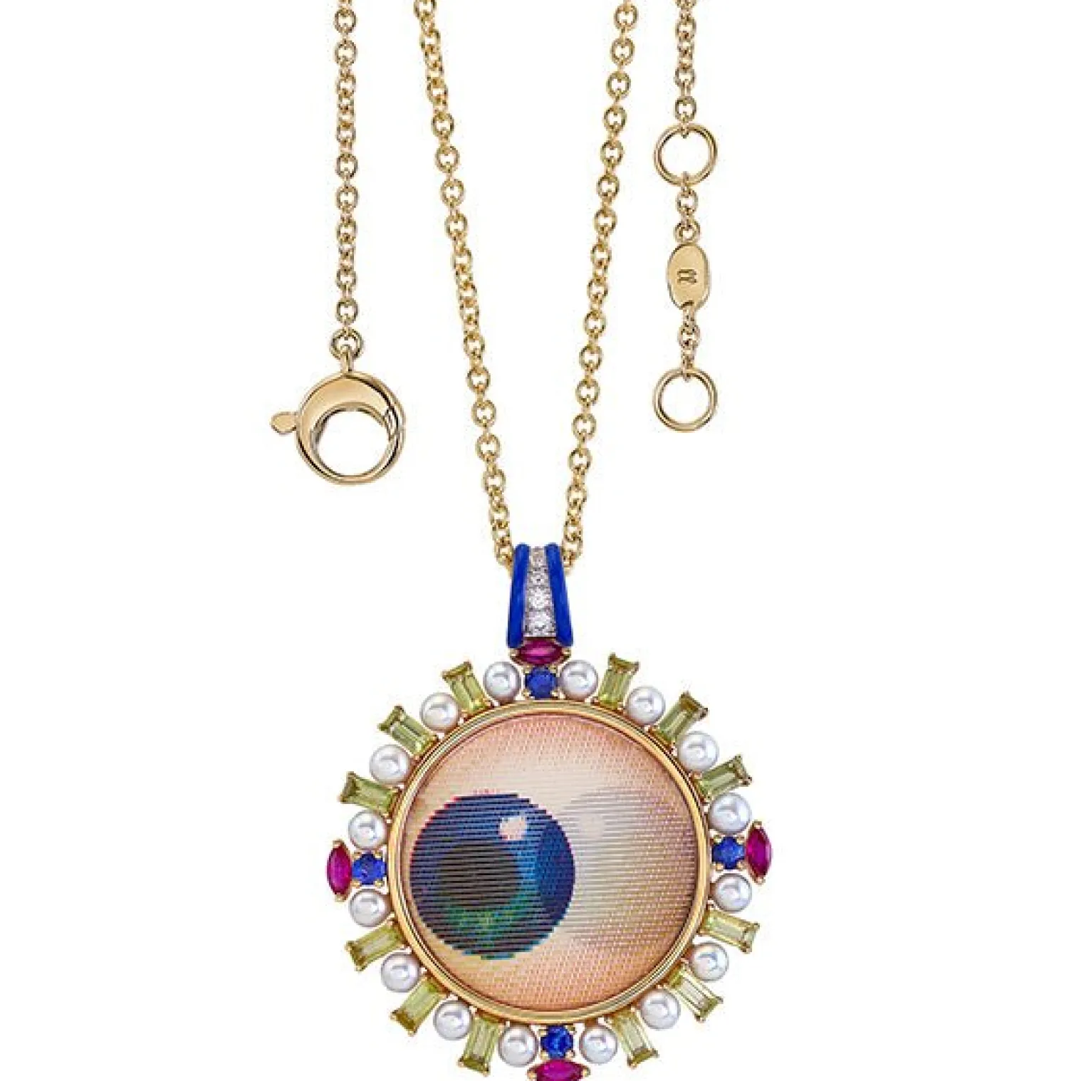 Vintage Lenticular Lovers Eye Necklace in Peridot and Mixed Gemstones Set in Yellow Gold