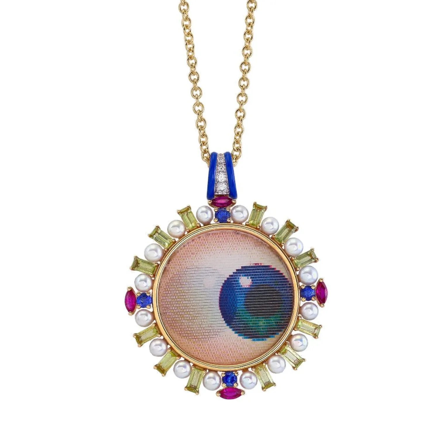 Vintage Lenticular Lovers Eye Necklace in Peridot and Mixed Gemstones Set in Yellow Gold