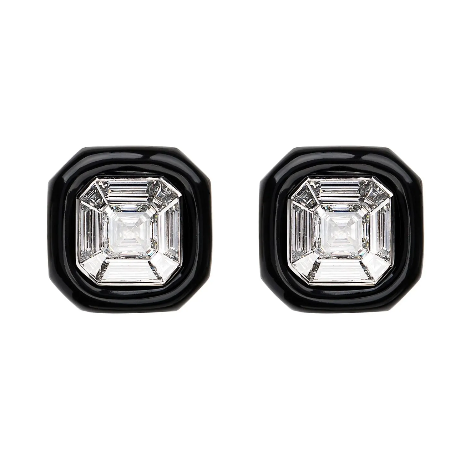 White Diamond and Enamel Oui Stud Earrings in White Gold