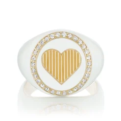 White Diamond and White Enamel Heart Signet Ring in Yellow Gold