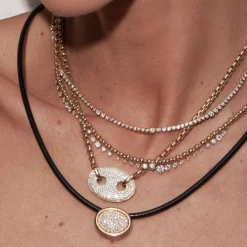 White Diamond Pavé Scuba Choker in Black Leather and Yellow Gold